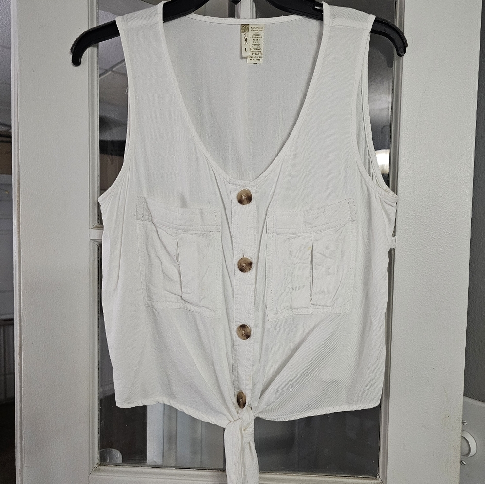 WHITE BUTTON UP TIE WAISTED TANK CROPPED TOP SIZE LARGE!